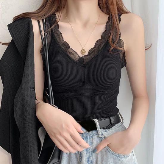 Women Thermal Vest Lace Trim Plush-lined V Neck Sleeveless Thread Solid Color Slim Fit Elastic with Chest Pads Layering