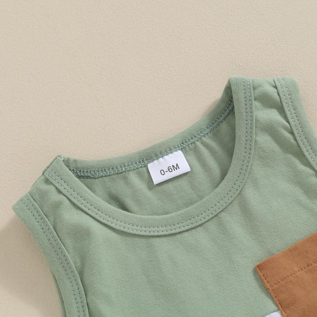 2Pcs Baby Boy Summer Outfits 6M 12M 18M 24M Sleeveless Contrast Color Pocket Tank Tops + Shorts Set Toddler Clothes