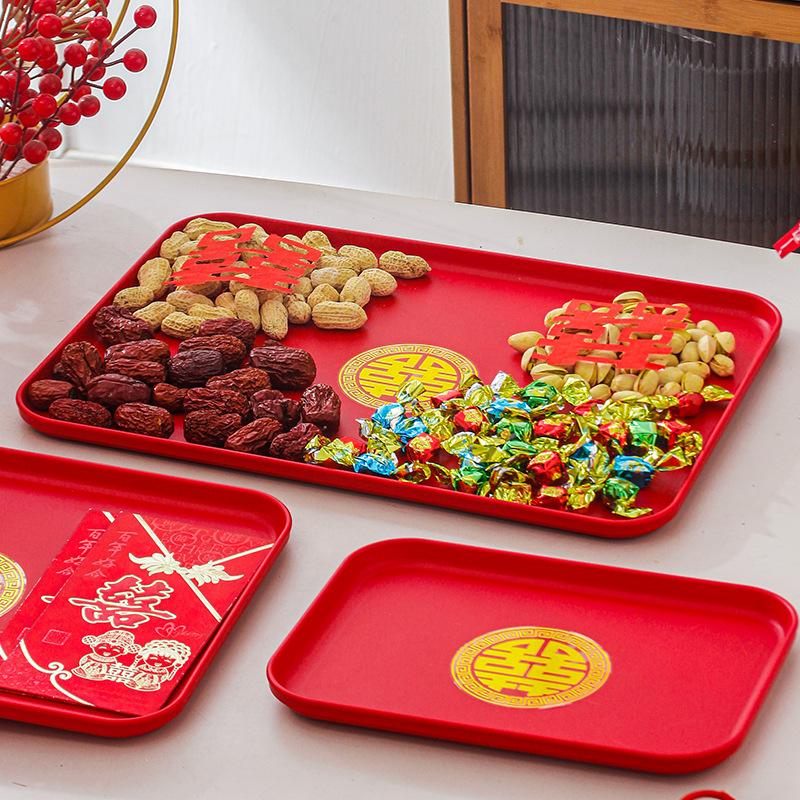 Fruit Plate Wedding Red Toast Tea Tray Red Plate Rectangular Tray Plastic Housewarming New Home Festive Wedding Plate