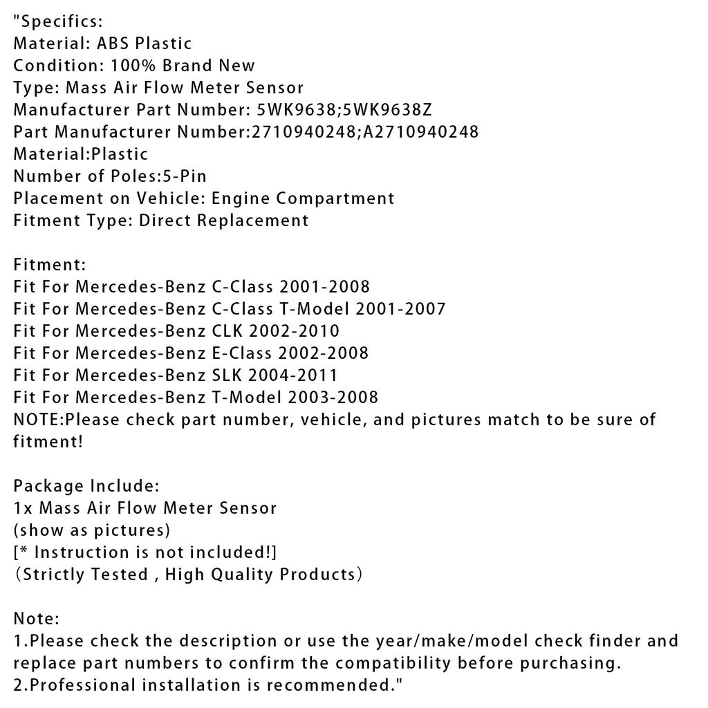 Mass Air Flow Meter Sensor For Mercedes-Benz W203 W211 C209 5WK9638