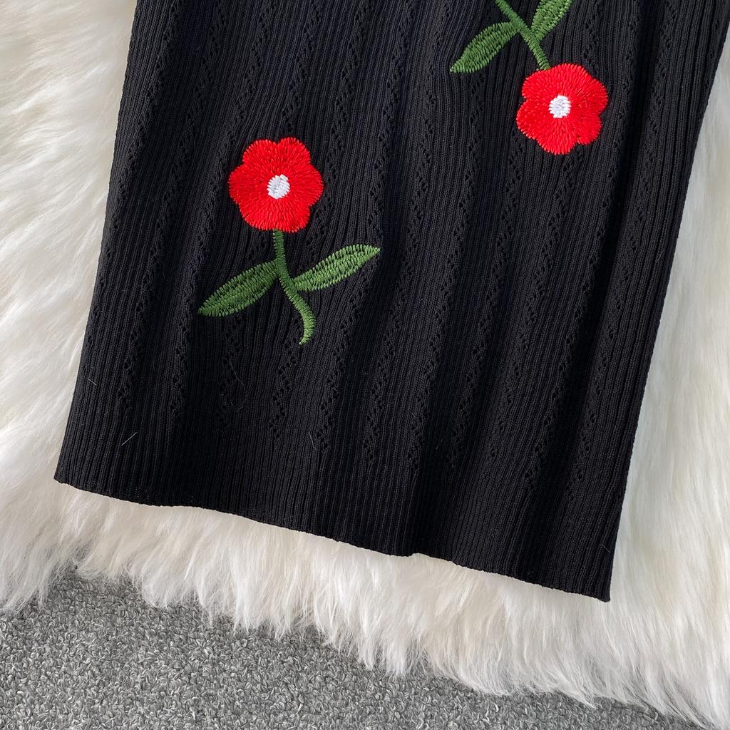 Летние женские винтажные пышные рукава с вышитыми розами для офиса, вязаные свитера, облегающие платья-футляры