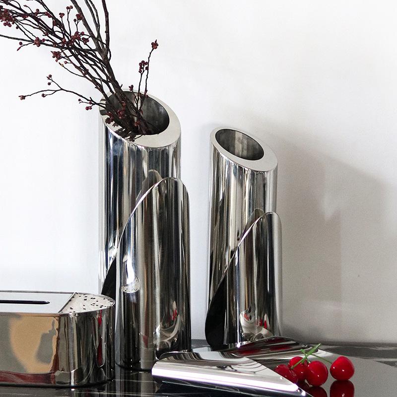 Современная модель дома из нержавеющей стали, цветочная композиция, украшения, абстрактное искусство, дислокация, ваза большого диаметра с косым горлом, мягкие украшения