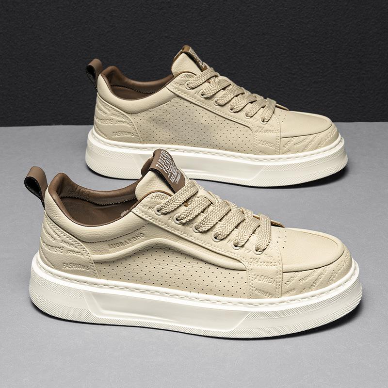 2025 summer new men's lightweight casual white shoes comfortable thick sole heightening hole punching board shoes casual shoes