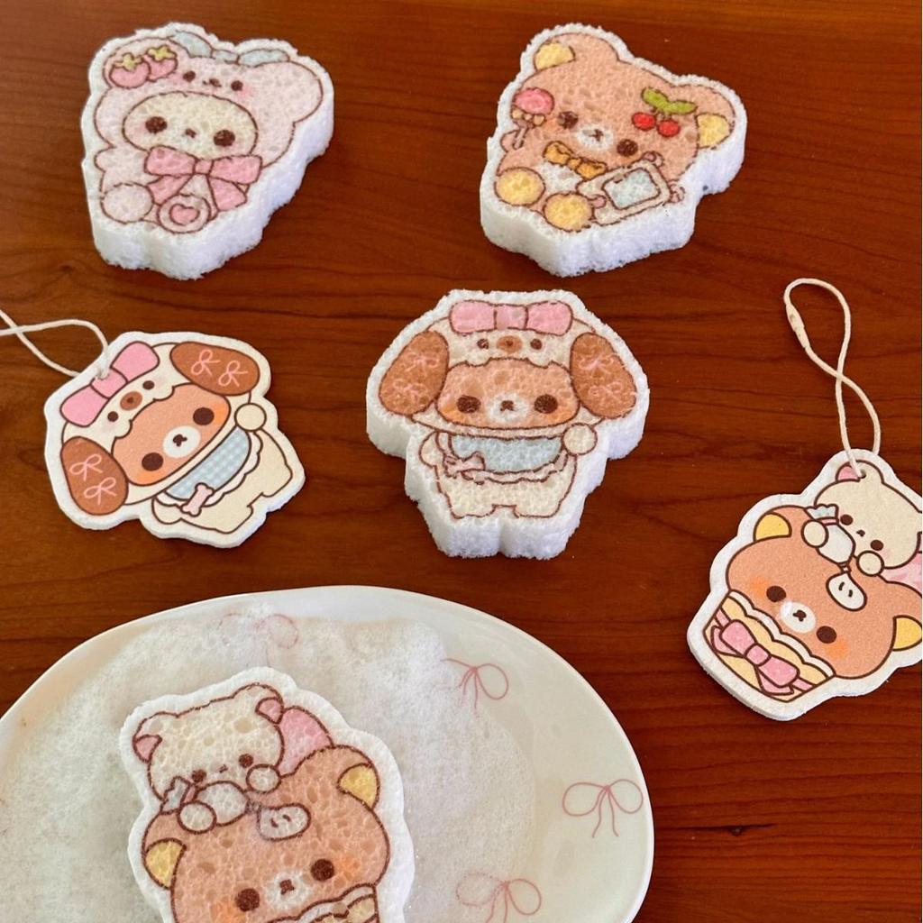 Rilakkuma Cartoon Dishwashing Sponge - Compressed Wood Pulp Cotton Scrubber