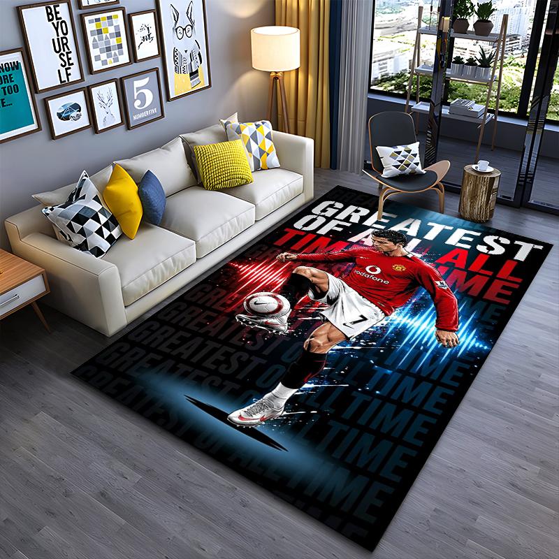 Soccer Star Area Rug, Cristiano Ronaldo Manchester United 7 GOAT Red Jersey Print, Football Fan Living Room Decor, Non-Slip Mat