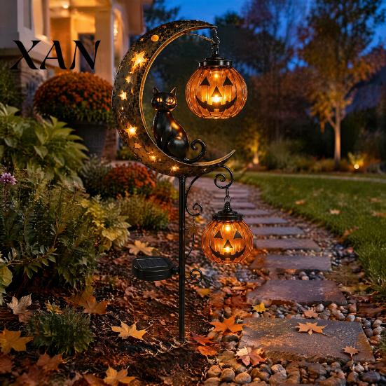 Solar Powered Halloween Yard Art Garden Stake Light, Black Cat Pumpkin on Crescent Moon with Spooky Lights for Parties Hanging Lantern, Waterproof
