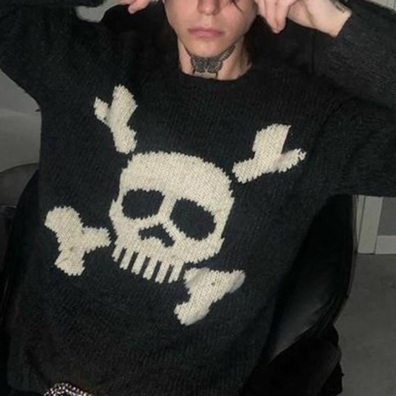 Y2K Европейский и американский жаккардовый пуловер с персонализированным черепом для мужчин и женщин, вязаный свитер, свободный топ с длинными рукавами в готическом стиле в стиле ретро