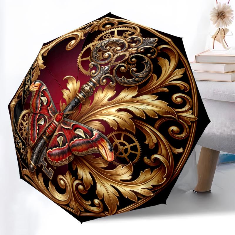 1pc Sturdy 8-Bone Auto Umbrella, Sky Blue Butterfly Lily Cluster Umbrella, Digital Printed, Foldable Umbrella for On-the-Go Outdoor Use