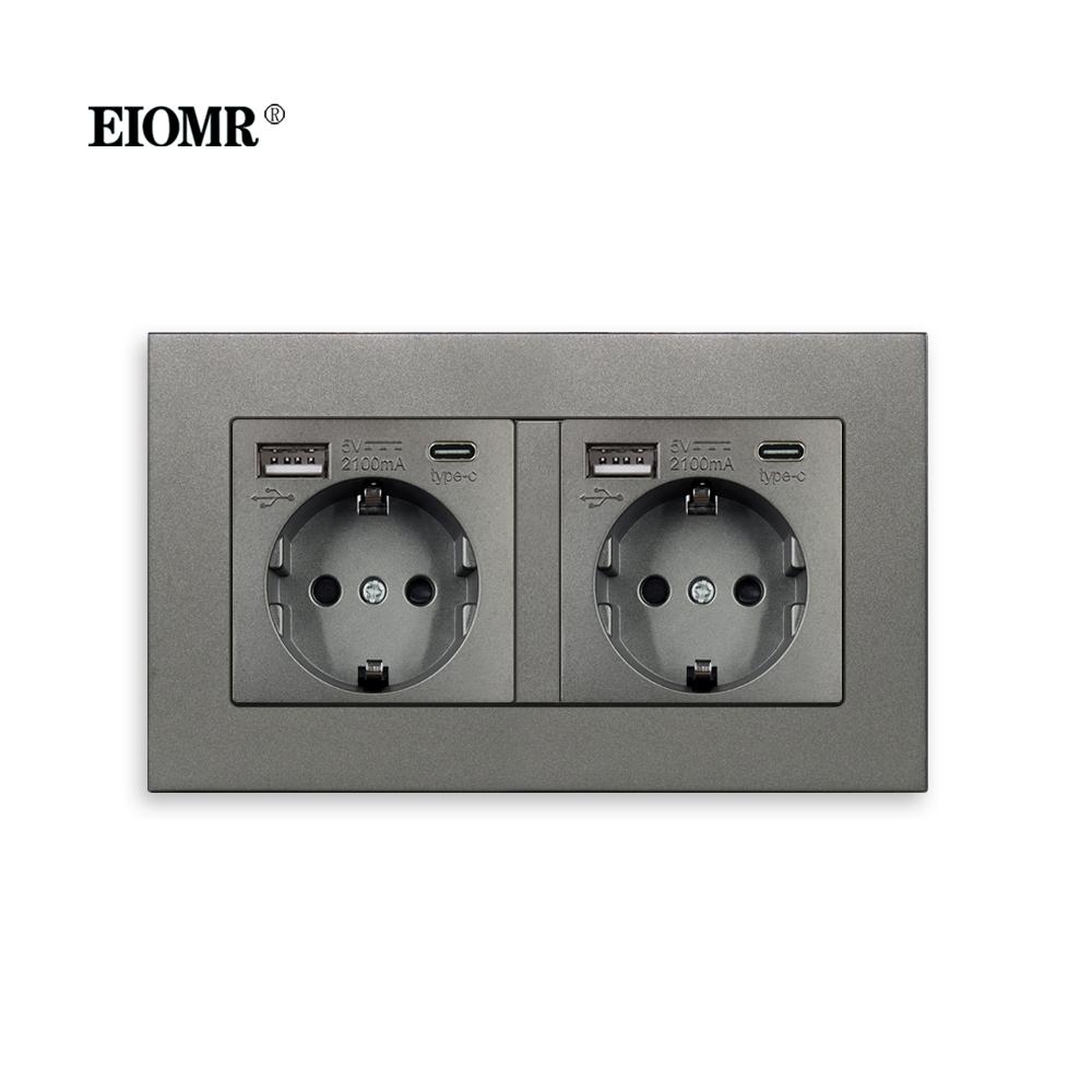 EIOMR EU Настенная розетка с портом Type C 5V 2.1A 146мм, 86мм Огнестойкая панель из ПК 16A 220V Стандарт ЕС USB-розетка