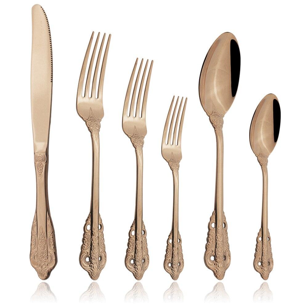 Золотой роскошный набор столовой посуды, винтажные столовые приборы в стиле вестерн, позолоченные столовые приборы из нержавеющей стали 304, набор ножей и вилок, кухонная посуда