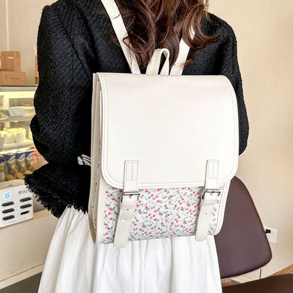 Handbag PU Leather Flip School Bag Large-Capacity Flower School Bagpack  Girl Daily Use