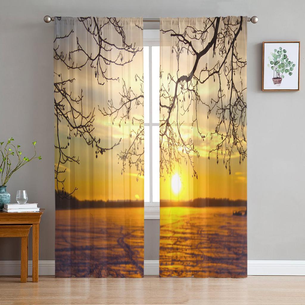 Lake Scenery Window Treatment Tulle Modern Sheer Curtains for Kitchen Living Room the Bedroom Curtains Decoration