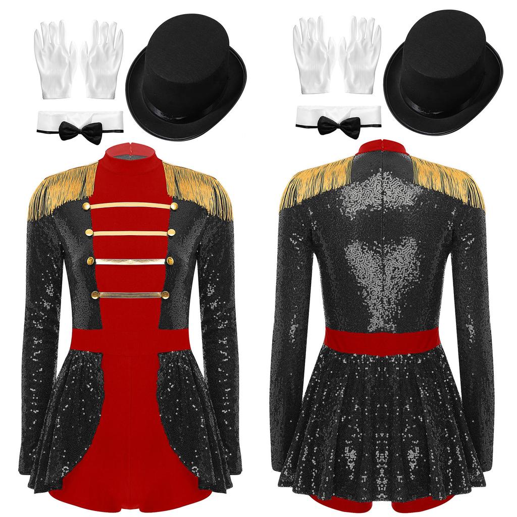 Womens Sequin Circus Ringmaster Bodysuit Top Hat Bow Fake Collar and White Gloves 4-Piece Set for Halloween Magician Party