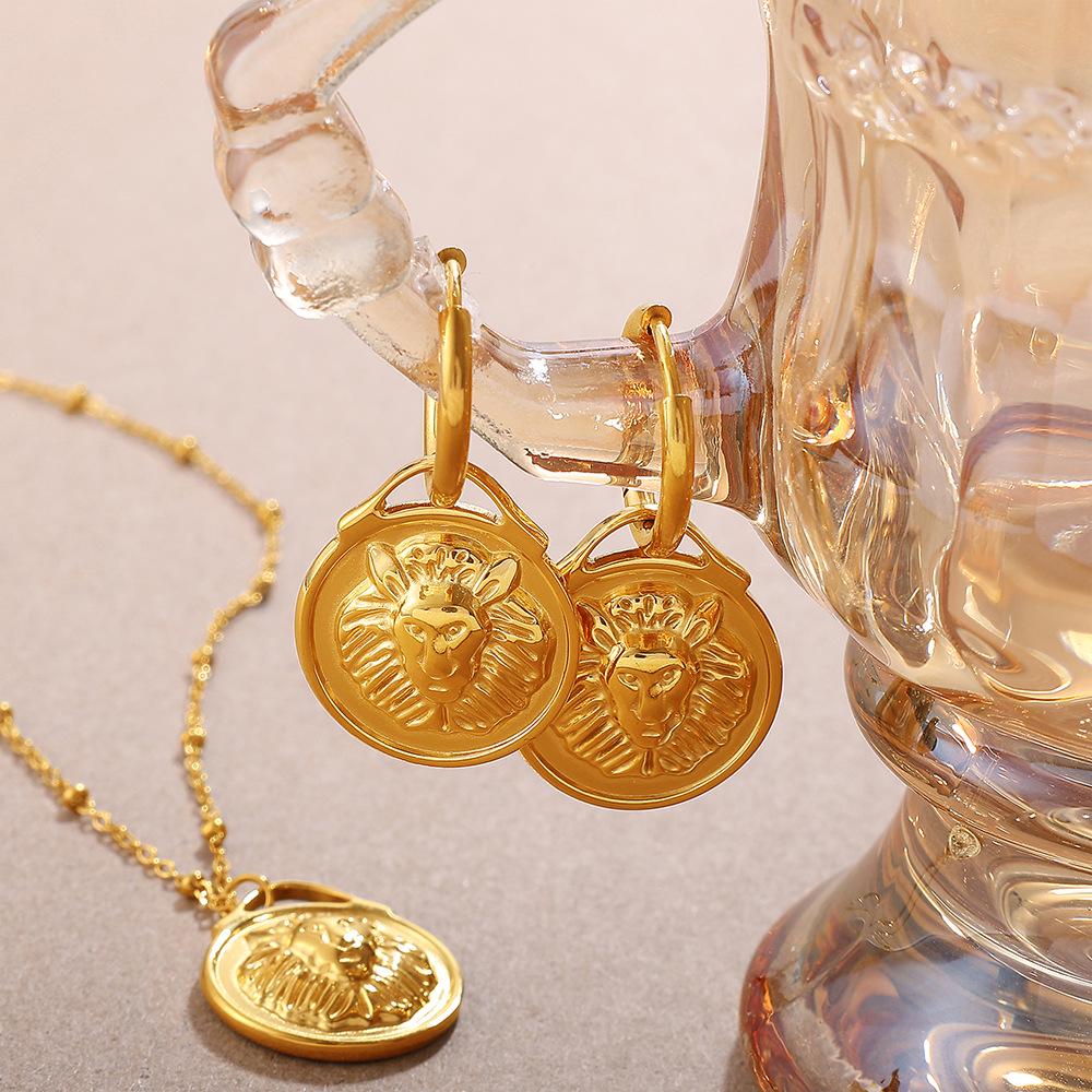 Ретро Ожерелье с Головой Льва и Набор Серег с 3D Текстурированными Монетами из Нержавеющей Стали