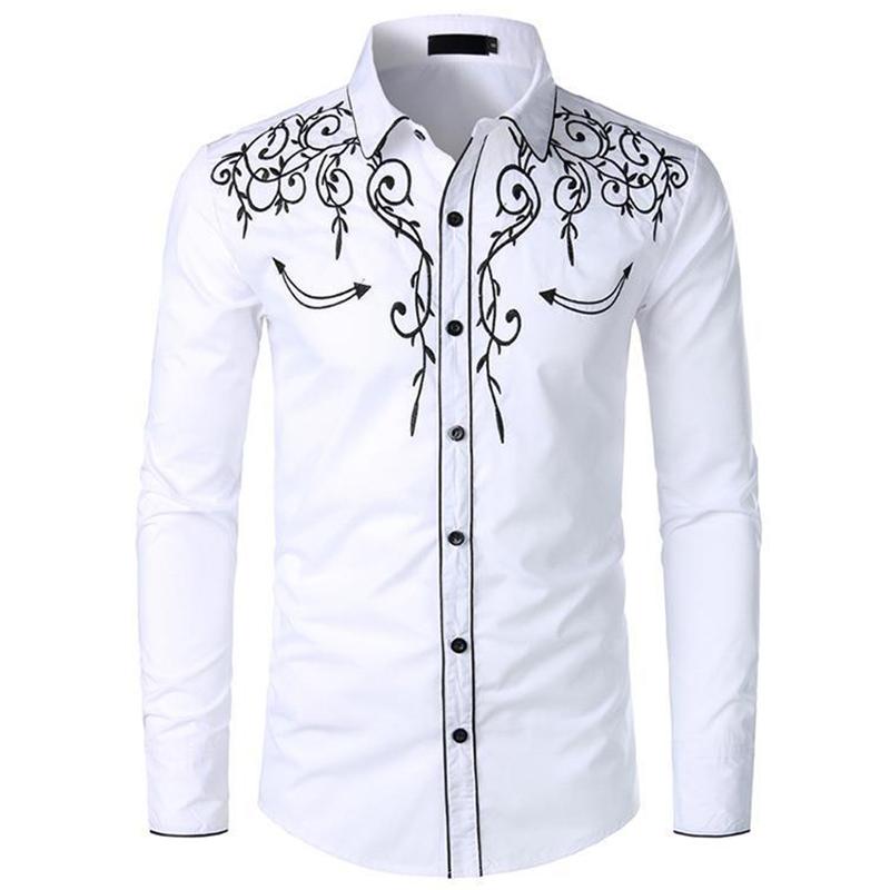 Mens Western Cowboy Shirt Long Sleeve Retro Embroidery Casual Buttons Down Shirt