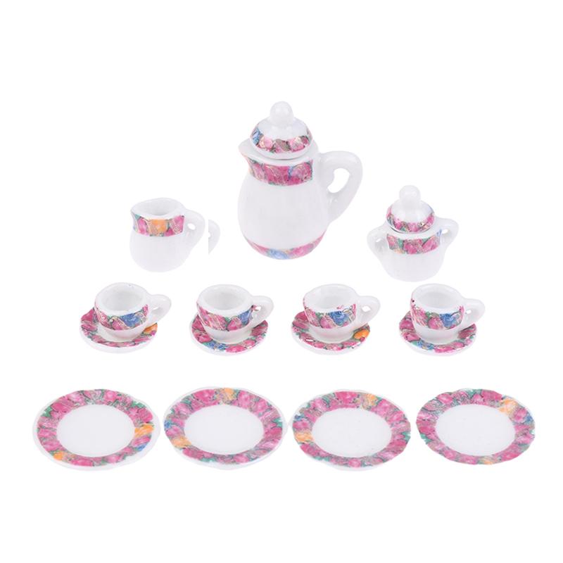 1Комплект 1:12 миниатюрных керамических чайных сервизов для кукольного домика, чашка, чайник, поднос, цветы, столовые приборы, кухонный декор, игрушечные аксессуары для кукольного домика