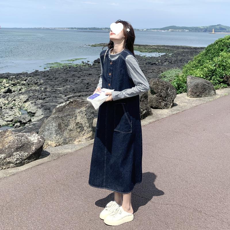 Женский осенний ретро джинсовый жилет и полосатое платье-топ, комплект 2025