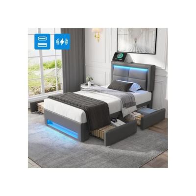 Мягкая кровать - - 90x200 см - с портом USB - светодиодная подсветка - 4 серых ящика