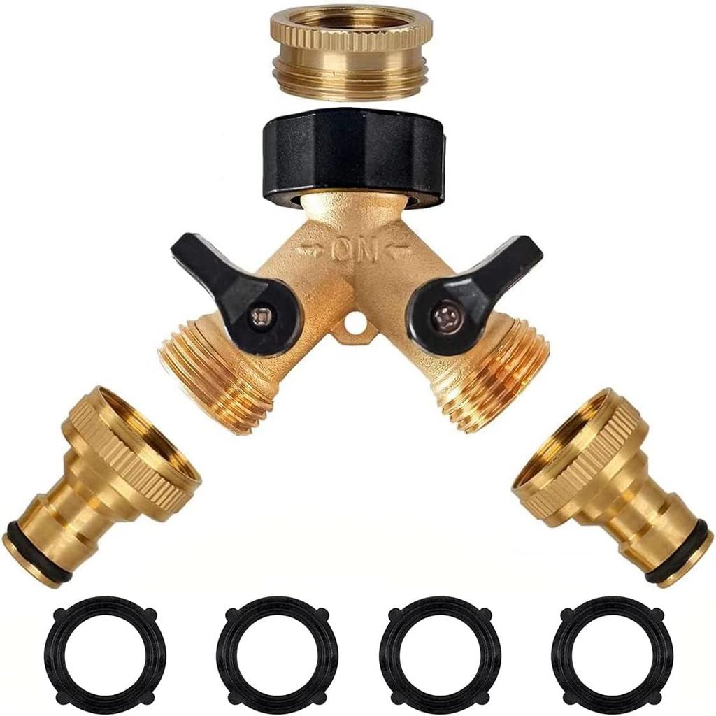 3/4" Brass Garden Hose Connector, 2-Way Y-Distributor Tap Fitting with On/Off Valves, for Home Garden Outdoor Use