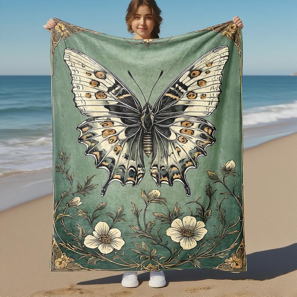 1PC Butterfly FlowersOutdoor Flannel Blanket - Soft Plush Decor for Picnics, camping, Bedroom, Playroom, Office, or Lunch Break 1275A