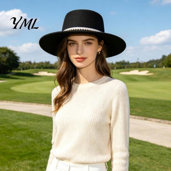 Vintage Photoshoot Prop Wide Brim Wool Felt Hat for Women, Flat Top Fedora Woolen Accessories Autumn with Faux Pearl Trim, Elegant Winter Cap Fashion