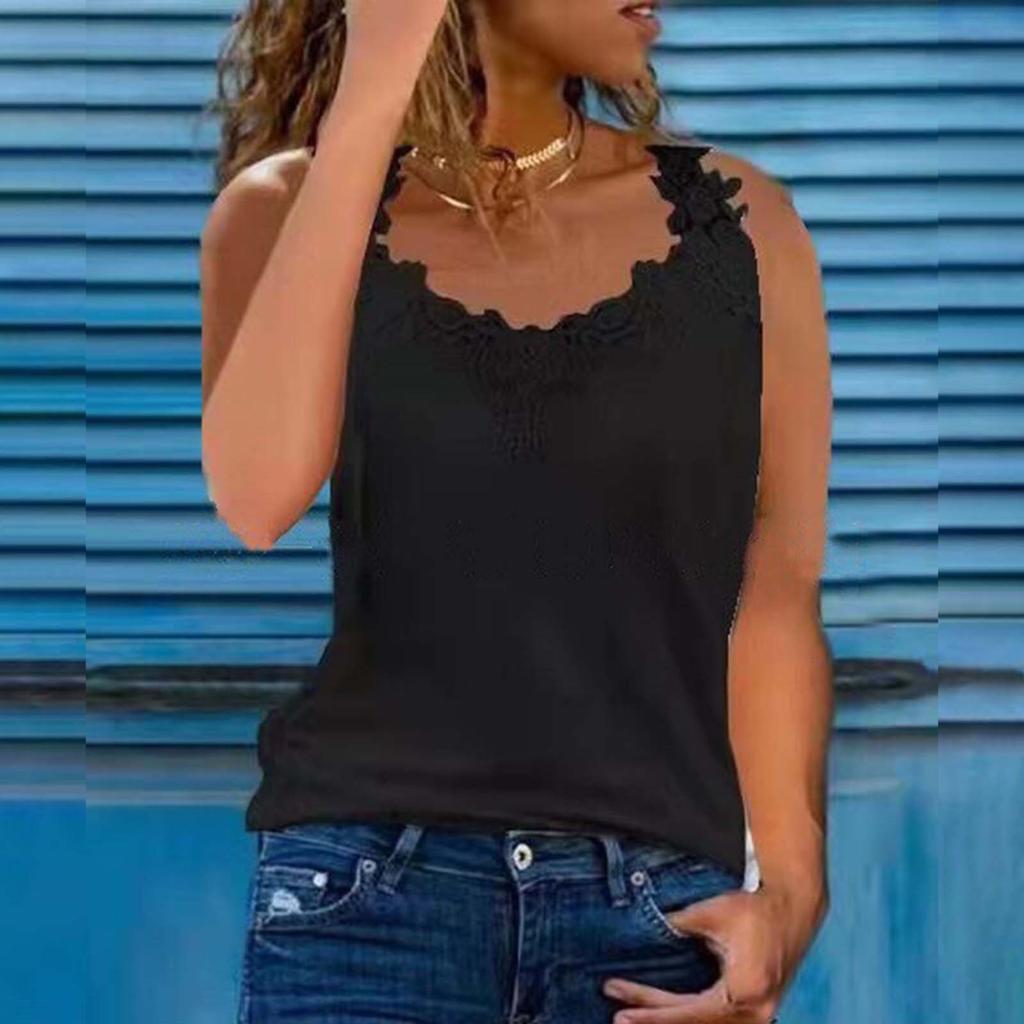 Summer Solid Lace Panel Tank Tops Women V Neck Sleeveless Camisole Tops Casual Oversized Crop Tops Tunic Blouse Clothes Chic
