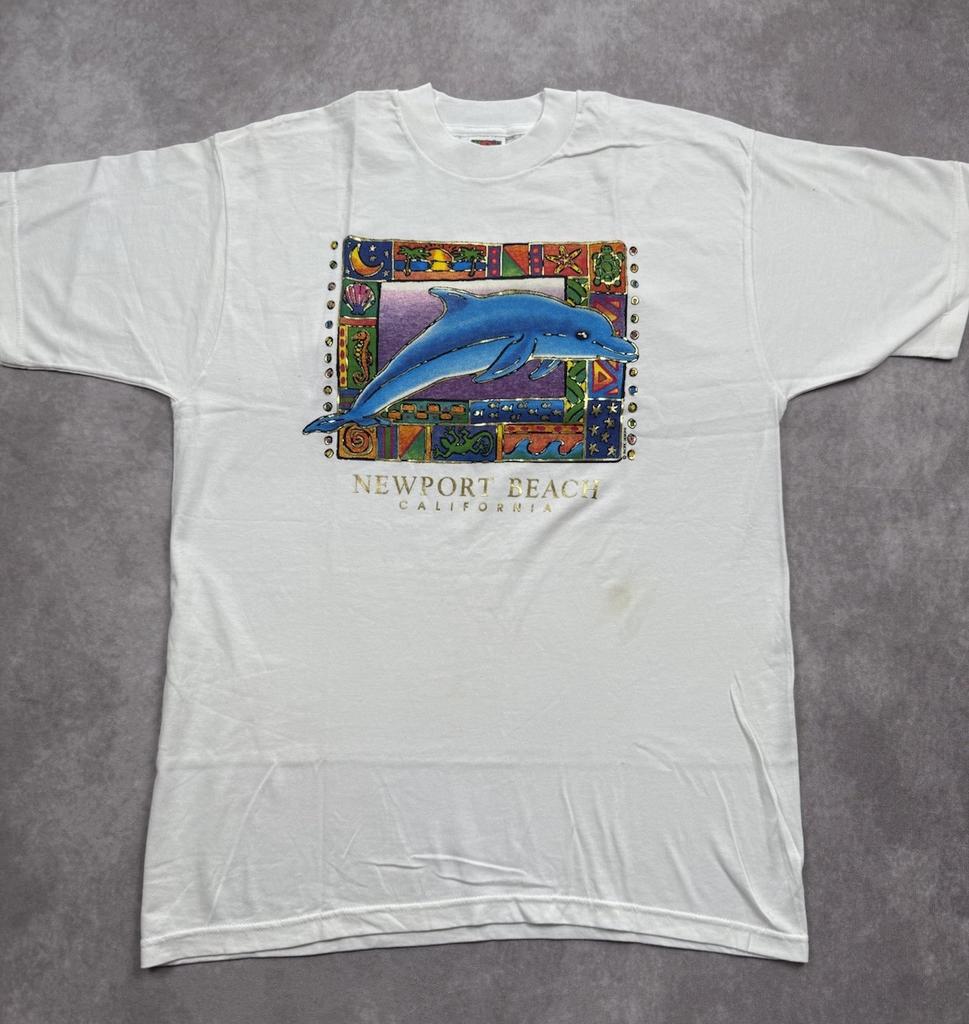 VTG Dolphin Newport Beach Adult Sz L T Shirt Graphic Colorful Gold Cotton USA Unisex T-Shirt