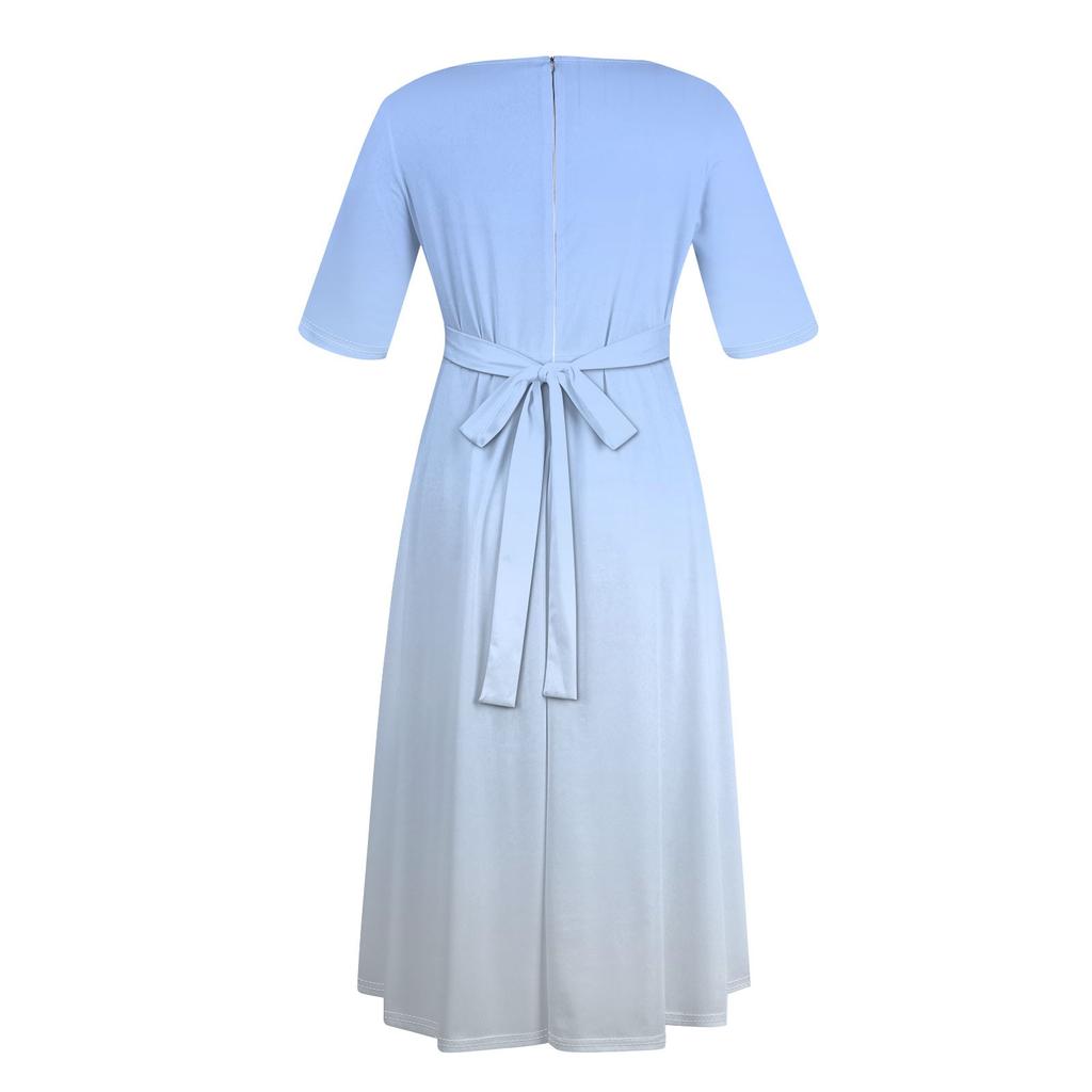 Women's Casual Fashion Large Size Gradient Printing Round Neck Three-quarter Sleeve Pocket Straps Swing Dress