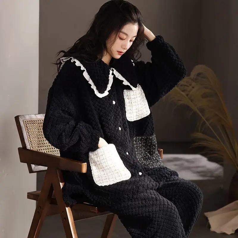 Новый коралловый бархатный осенне-зимний фланелевый термокостюм для дома, зимняя свободная мягкая пижама для женщин, дополнительный флис и более плотный