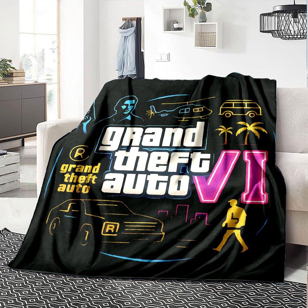 1 шт. Мягкое фланелевое одеяло Grand Theft Auto с дизайнерским принтом. Уютное одеяло для всех сезонов, идеально подходит для дивана, кровати, офиса