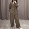 Autumn Fashion Comfortable Cotton and Linen Long Sleeved Half Open Collar Casual Pleated Wide Leg Pants Set