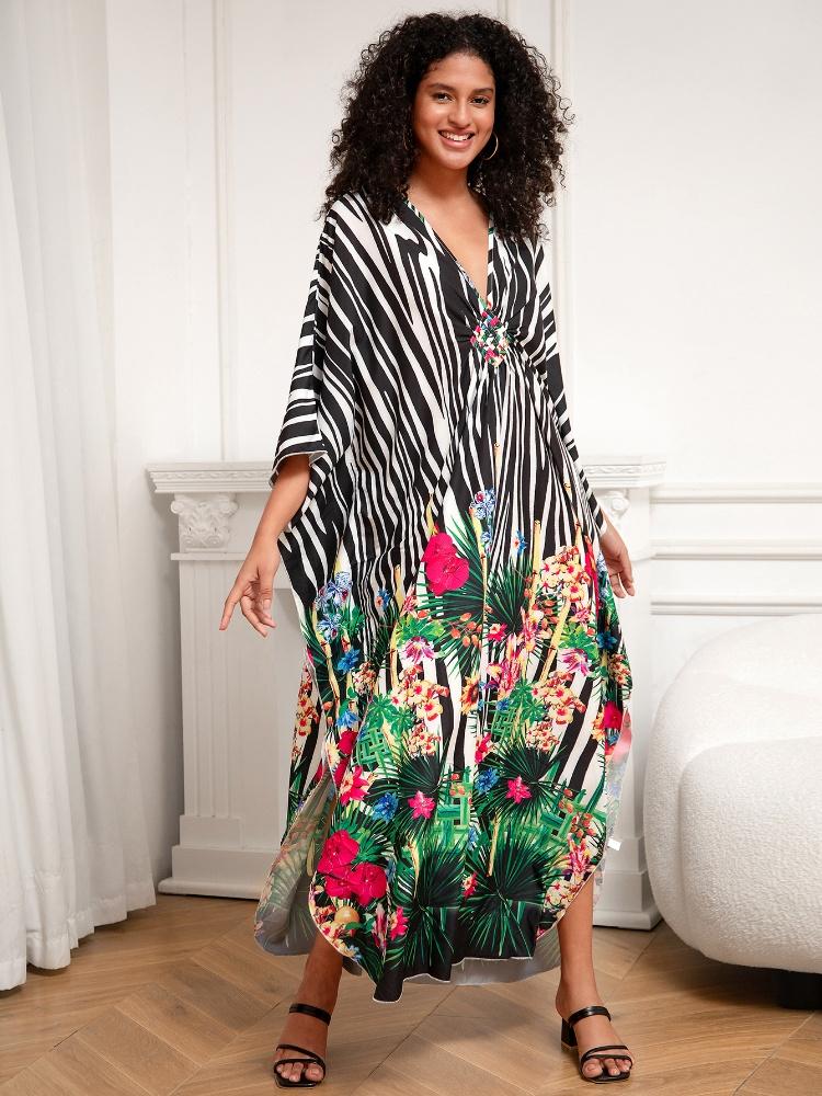 EDOLYNSA Привлекательный полосатый женский халат-кафтан, домашнее платье, уютная легкая куртка, непринужденная домашняя одежда, длинное платье для отпуска и вечеринки Q1289