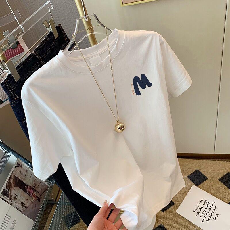 2025 Summer New Cotton White Short-sleeved T-shirt Women's Loose and Versatile Letter Printing Casual Top Trendy