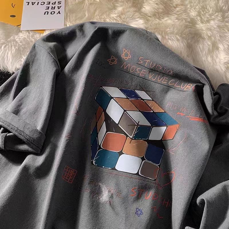 Футболка с короткими рукавами из хлопка для женщин Футболка с короткими рукавами из хлопка с принтом кубика Рубика, свободная, с короткими рукавами, летняя