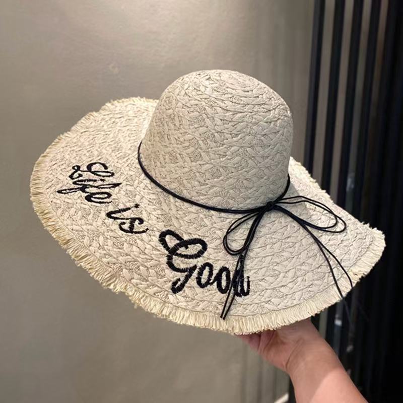 New bow lace straw hat women's summer seaside beach vacation sun hat large brim sun protection hat