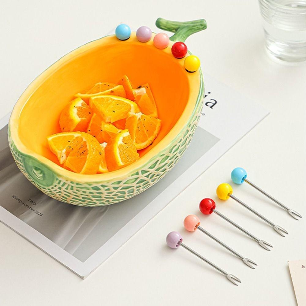 Hami Melon Shape Fruit Bowl with Fork Large Capacity Cute Toothpick with Holder Dessert Serving