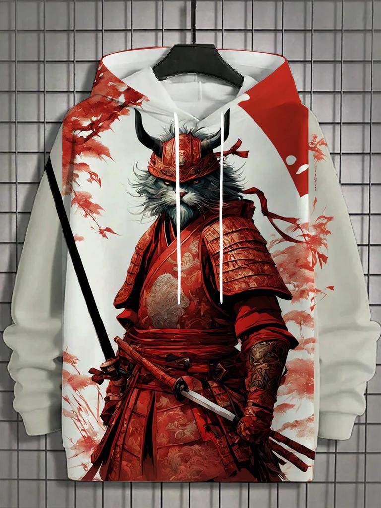 Осень и зима Новая мужская толстовка с капюшоном с 3D принтом во весь рост и принтом японского самурая и котенка унисекс повседневная модная мужская толстовка с капюшоном