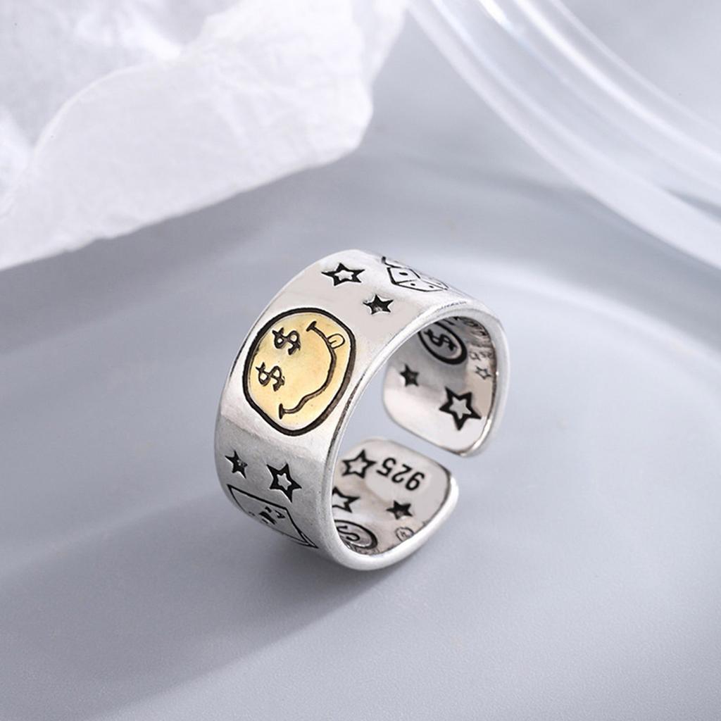 Vintage Smile Face Poker Dices Star Opening Ring Adjustable Ring Jewelry for Fashion Enthusiasts and Retro Lovers