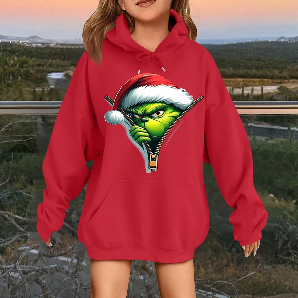 Детская модная повседневная толстовка с капюшоном свободного кроя с длинными рукавами и рождественским принтом