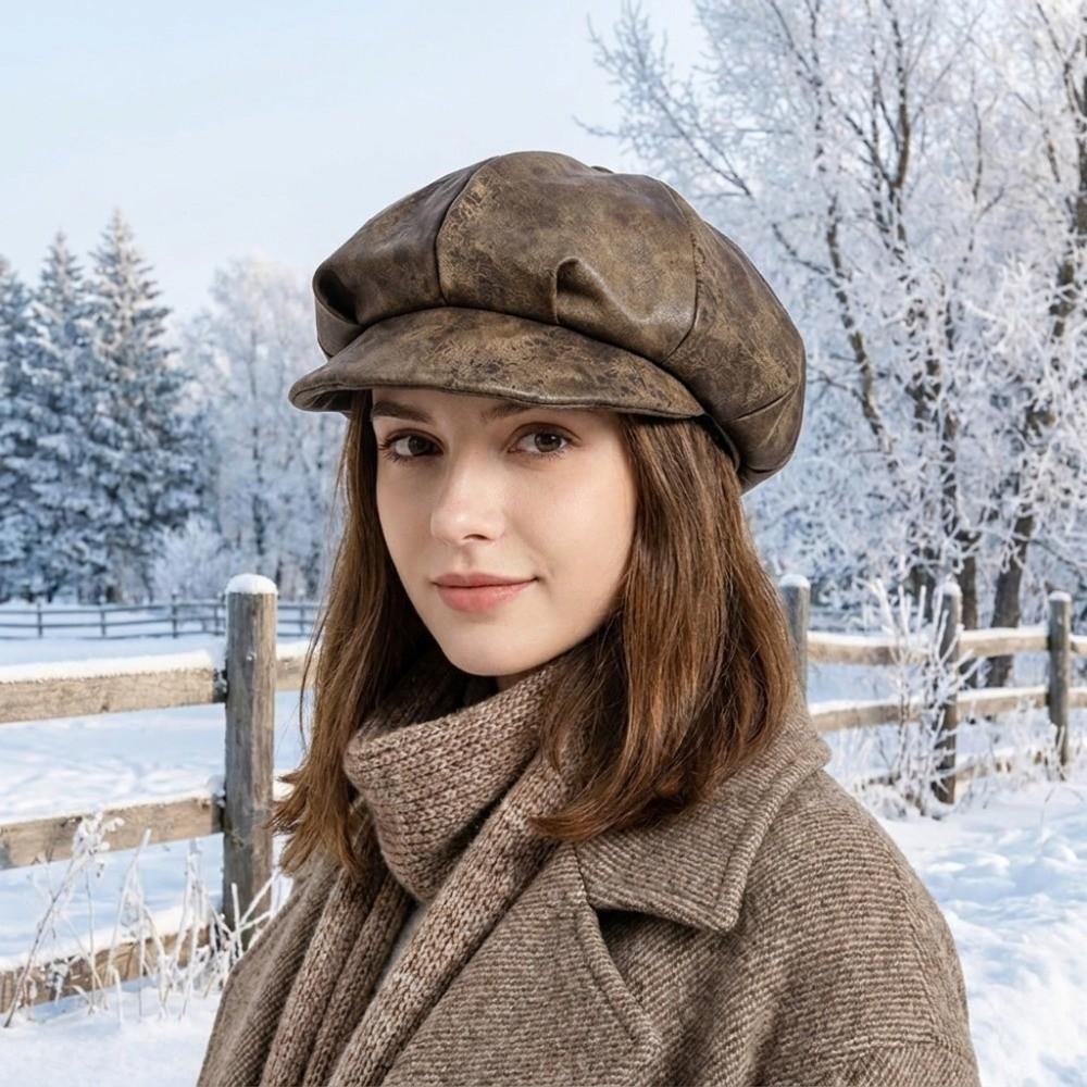 Solid Color Pu Leather Beret British Style Painter Hat Elegant Women's Beret Autumn Winter