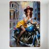 Винтажная металлическая табличка Женщина на синем мотоцикле Городская дождливая сцена Ретро эстетика Домашний декор Художественная табличка для бара Кафе Мужской пещеры