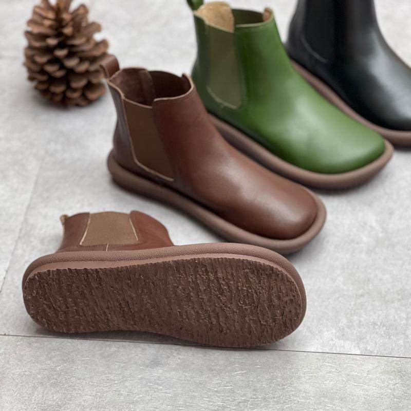 Johnature Короткие сапоги из натуральной кожи с круглым носком, повседневные однотонные универсальные женские ботинки на мягкой подошве на плоской подошве