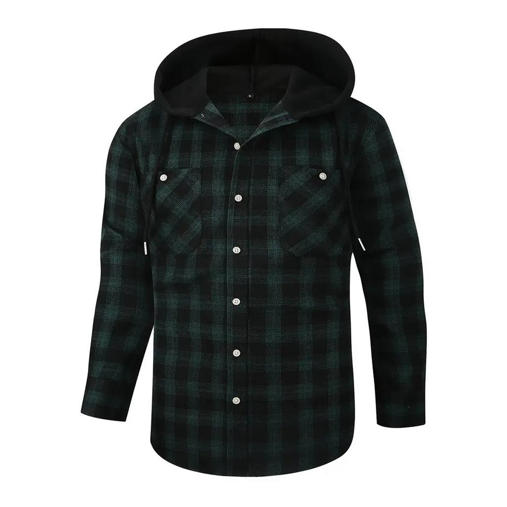Мужская клетчатая рубашка с длинным рукавом, мужская толстовка с капюшоном и карманами на пуговицах