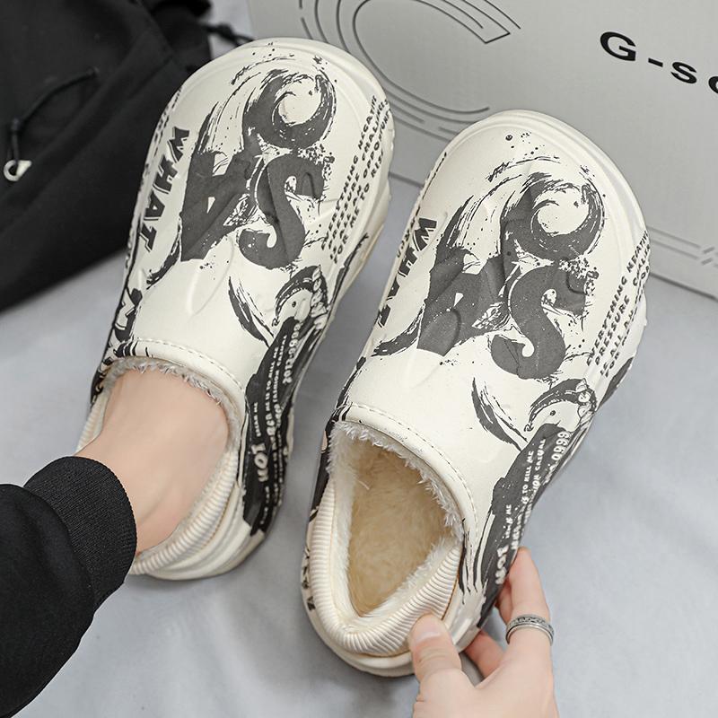 Модные зимние теплые меховые мужские тапочки, плюшевые повседневные тапочки, мужские водонепроницаемые домашние хлопковые туфли, мужские меховые шлепанцы, зимняя домашняя обувь