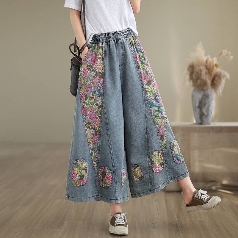 High Waist Wide Leg Denim Pants Women Arrival Vintage Style Patchwork Floral Print Loose  Casual Jeans