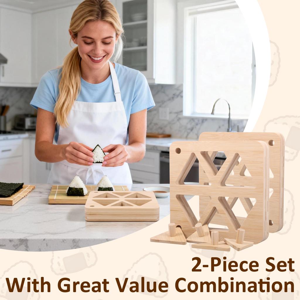 2Pcs Triangles Sushi Mold Bamboo Rice Ball Mold Set with Press Plate Japanese Rice Ball Making Frame Kit for Kitchen Accessories