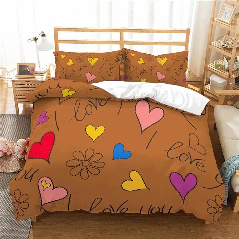 Комплект постельного белья Love Heart с рисунком из мультфильма «Веселые разноцветные сердечки» для двоих в романтическом стиле Комплект постельного белья из полиэстера «Я люблю тебя» для подростка
