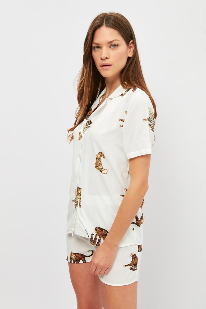 Women's Fashion New Pajama Set Dark Rose Animal Patterned Viscose Shirt-Shorts Woven Pajama Set