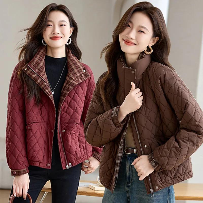 Women's Winter Stand-up Collar Diamond-shaped Grid Thin Cotton-padded Jacket, Autumn and Winter Loose Warm Jacket