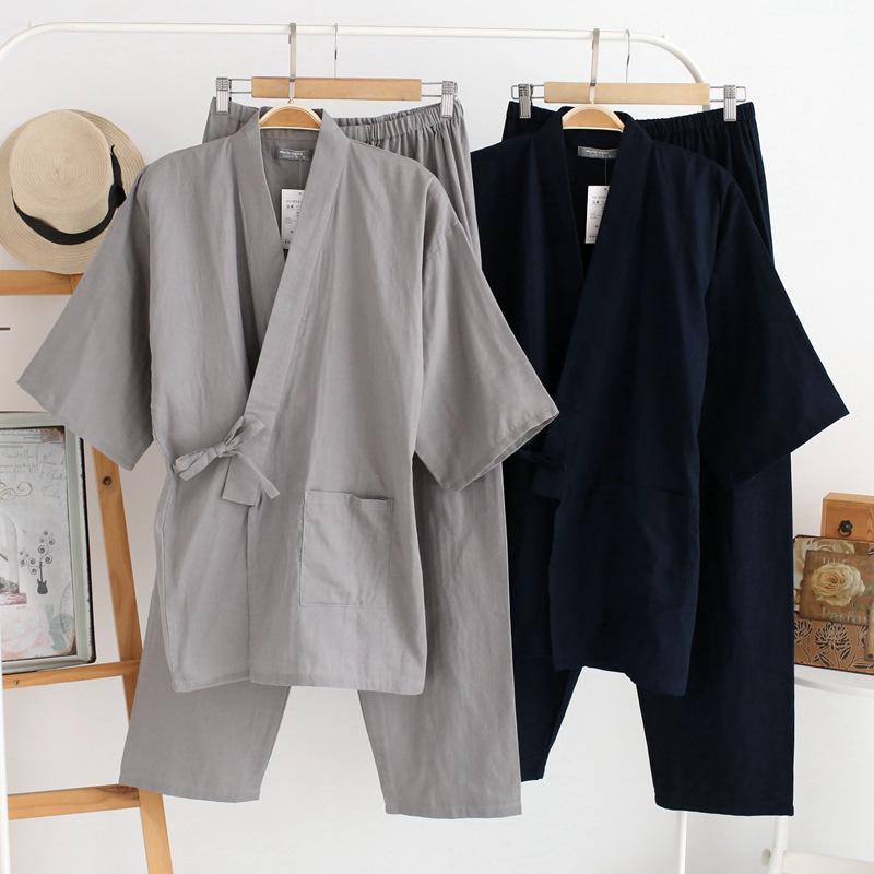 Japanese Spring and Summer Men's Kimono Pajamas Cotton Double-layer Gauze Loose Pajamas Set In Long-sleeved Kimono